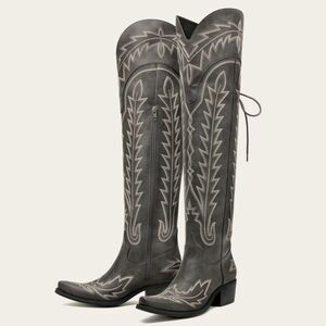 REDTOP The Ross Grey Over-the-Knee Wide Calf Cowgirl Boots Back Tie & Embroidery